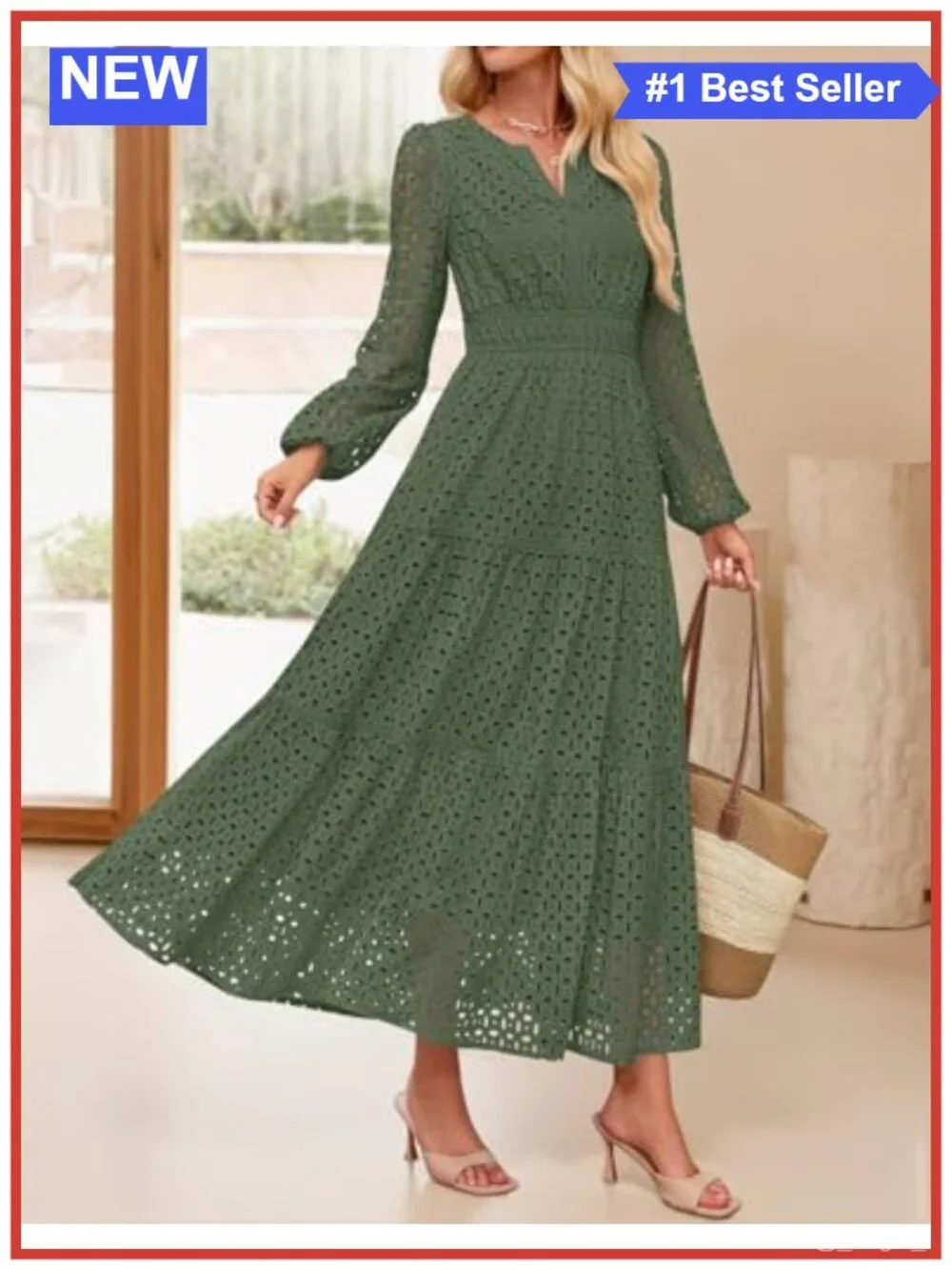 Long Sleeve Eyelet Maxi Dress V-Neck A-Line Flowy Swing Dress